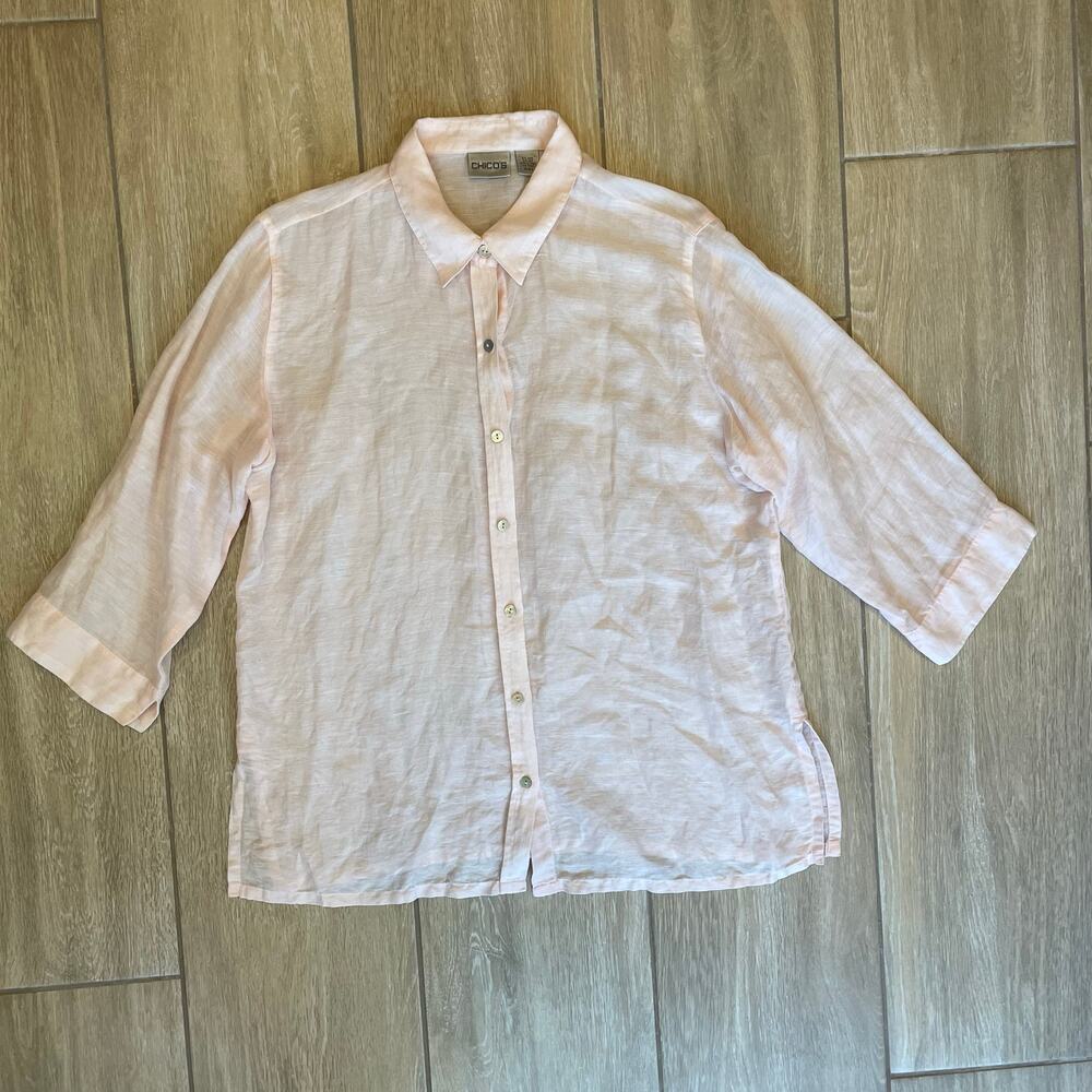 Chico’s Linen Silk Button Up Shirt Women 3 Pink Lightweight Summer Blouse